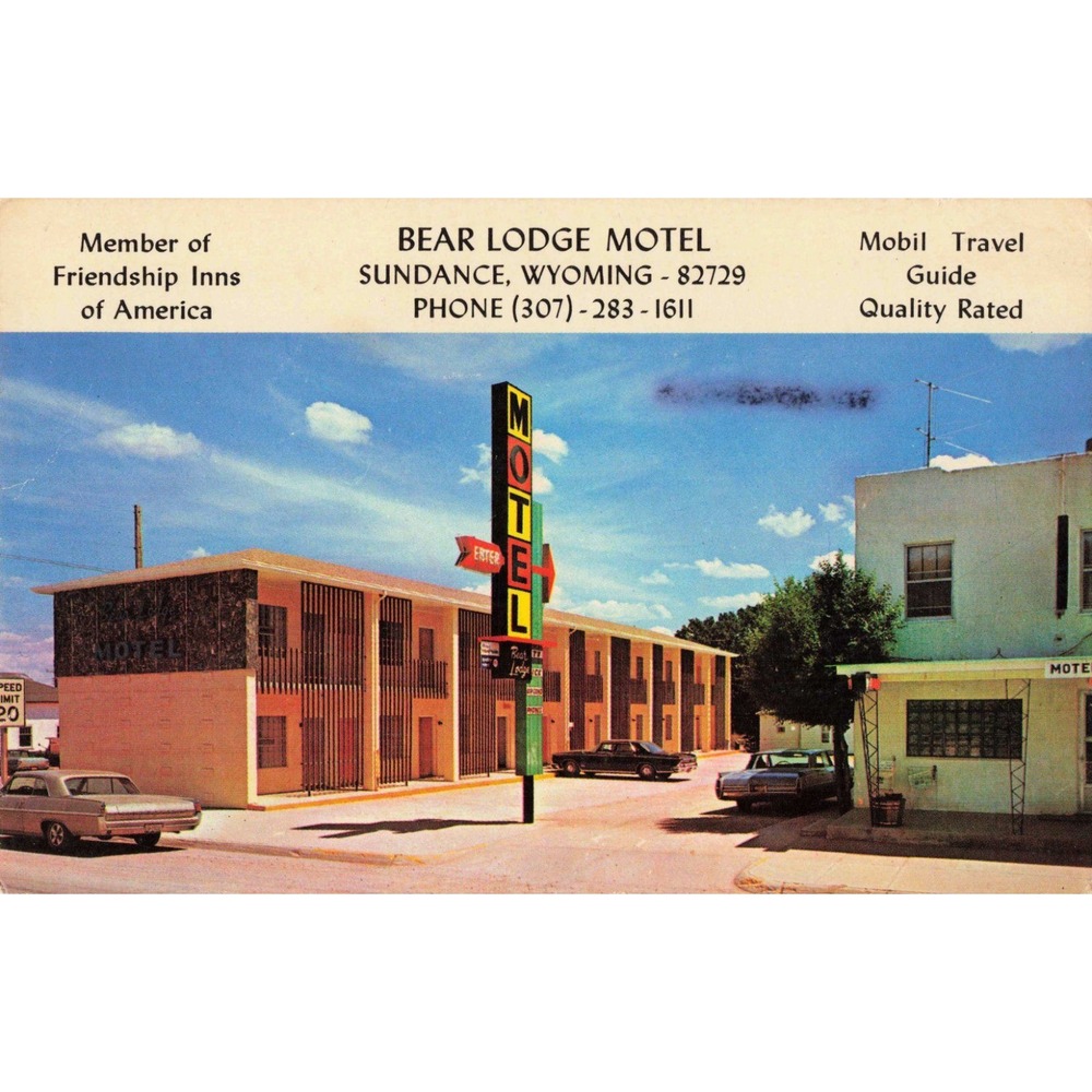 Bear Lodge Motel Sundance Wyoming WY Neon Sign Cars c1960s Chrome Postcard